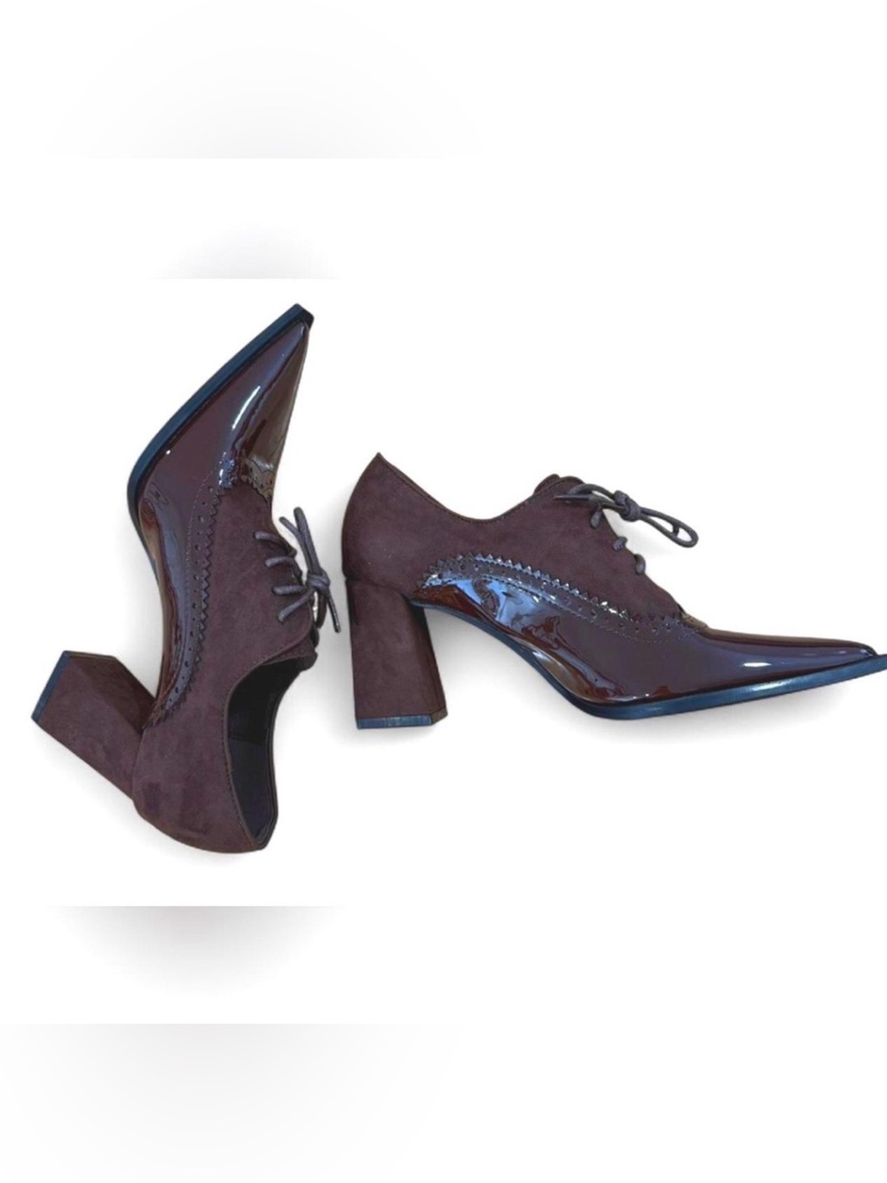 NIB EURO |SZ 41 US 9| Vintage Brown Leather Chunky Oxford Pointed Toe Heel Shoes - Picture 6 of 6